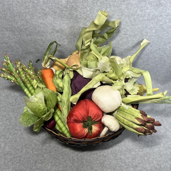 Faux Silk Vegetable Lot with Wicker Metal Basket Centerpiece Farmhouse Playhouse - Picture 3 of 16